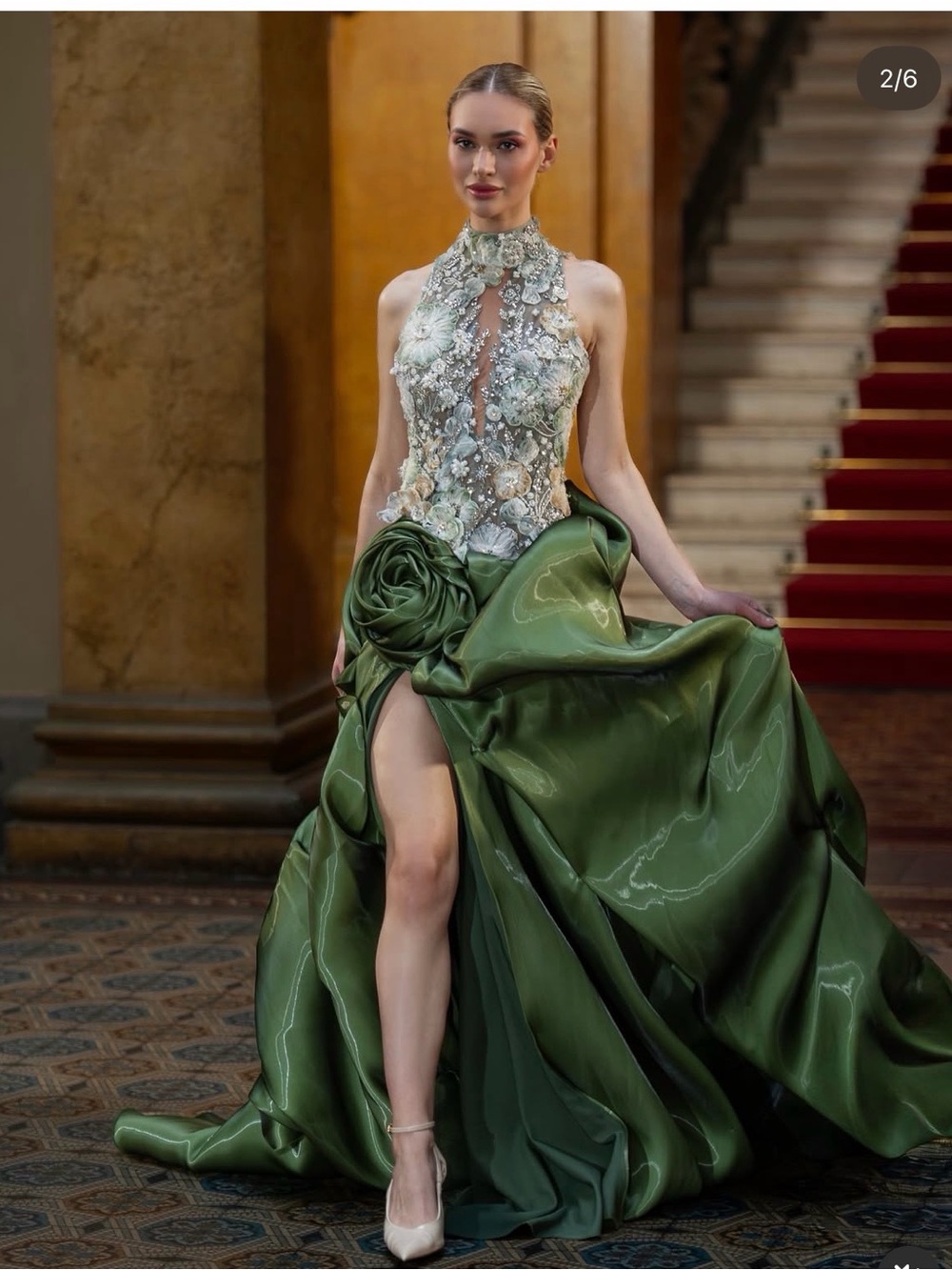 Olive Green Halter Ball Gown with Floral Appliqué